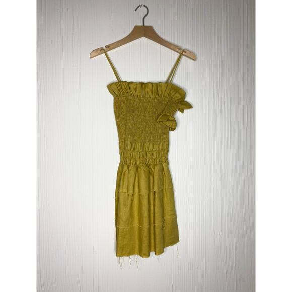 SIR. THE LABEL Mariele One Sleeve Smocked Bust Mustard Linen Mini Dress US SMALL - Picture 11 of 16